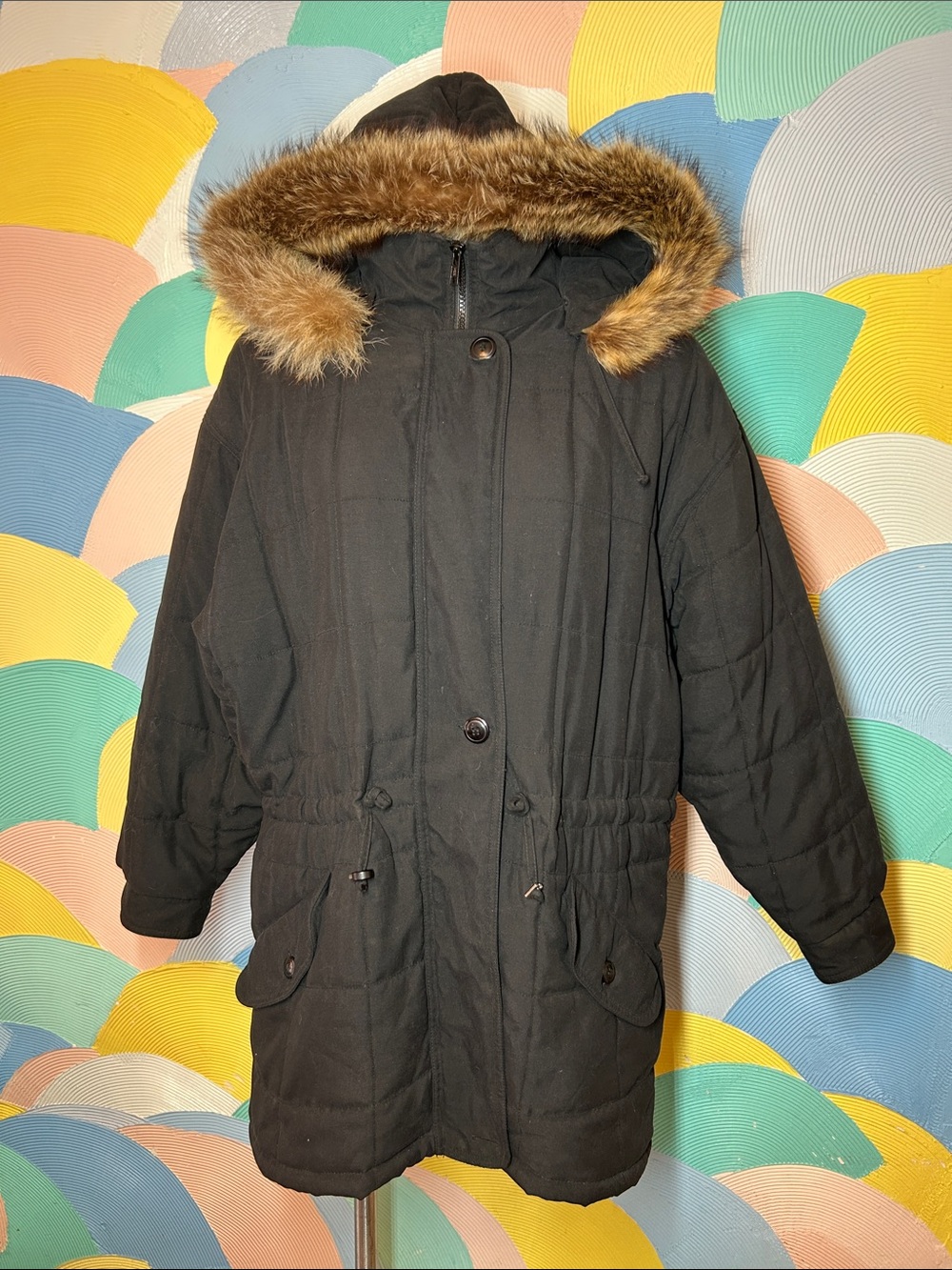 Vintage Larry Levine Black Genuine Raccoon Fur Trim Hooded Parka Coat Sz M